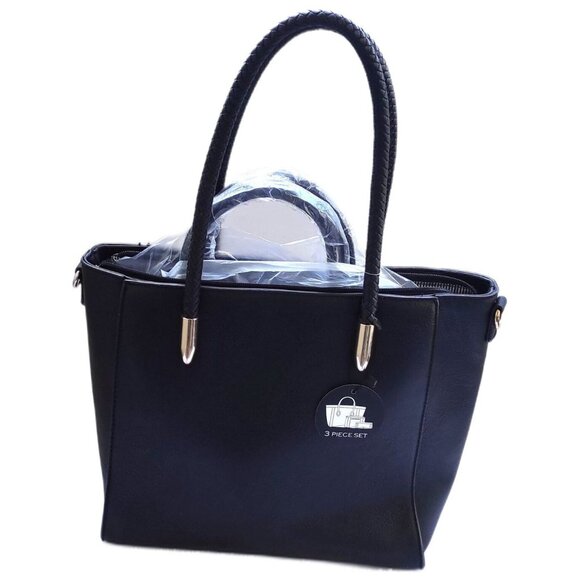 New Deluxity Top Handle Satchel Handbag Tote 3-pc Set Black - Picture 1 of 5
